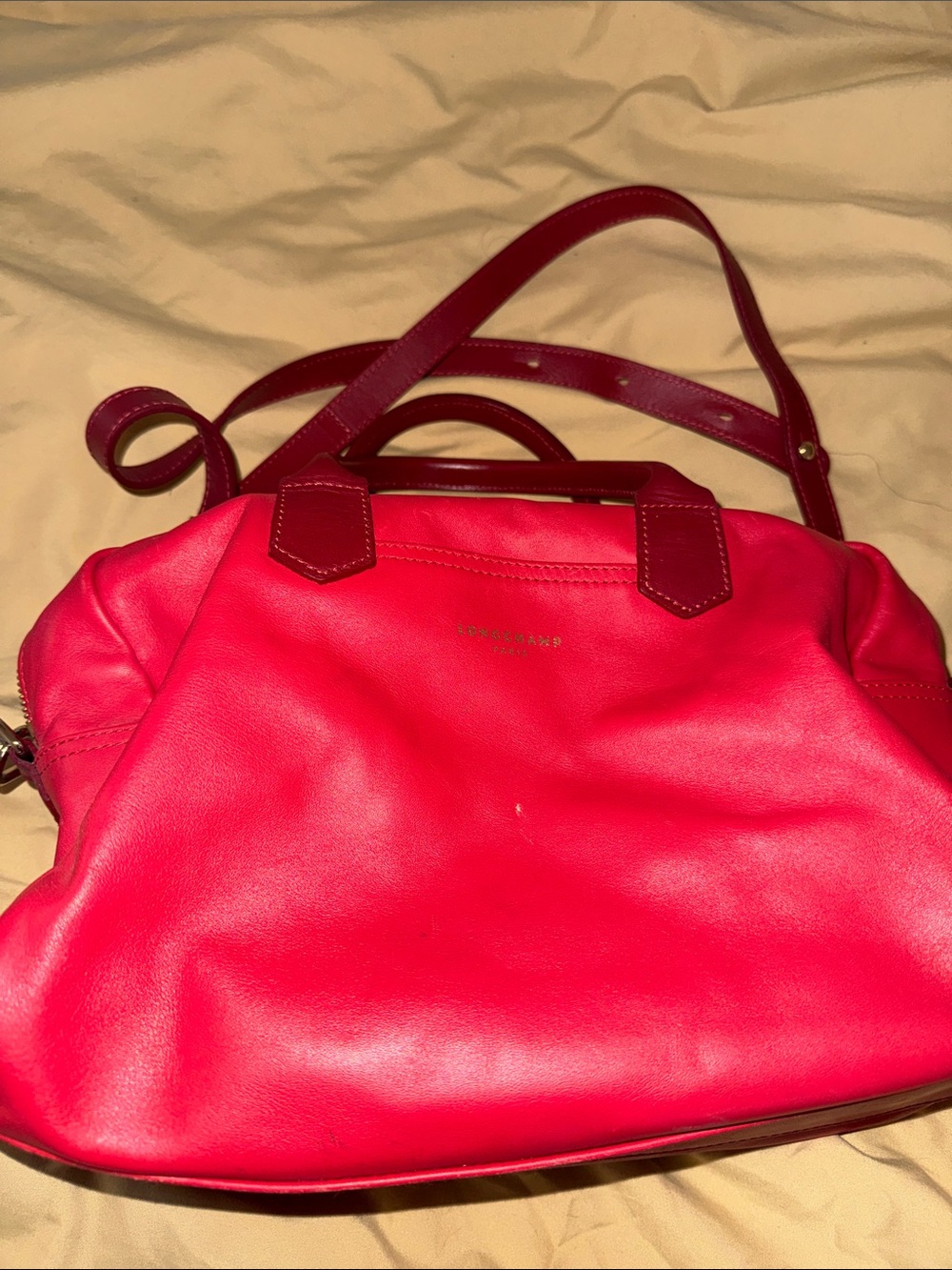 Women’s Red Leather Longchamp Crossbody Tote Bag